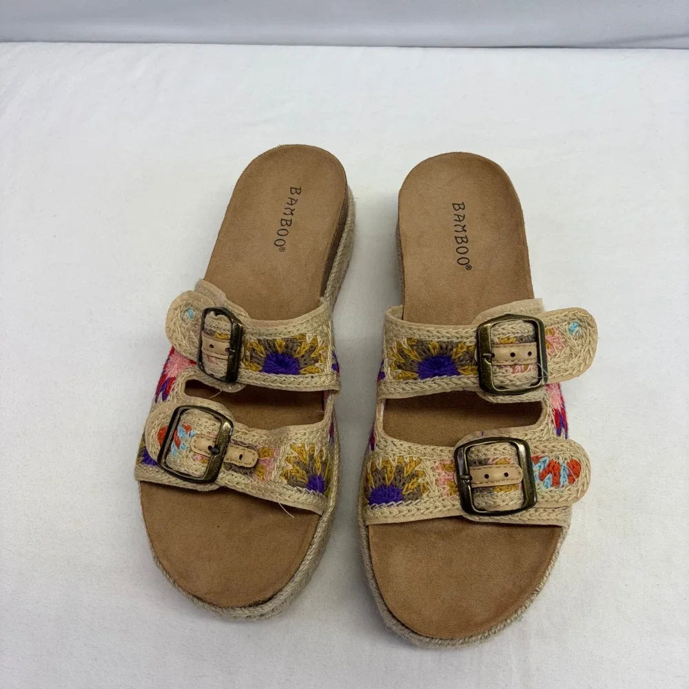 Bamboo Espadrille Platform Sandals Women Size 7 Granny Square Boho Slides Tan